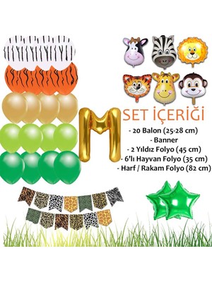 Patladı Gitti Safari Konsepti M Harfli Doğum Günü Parti Kutlama Seti; Harf ve Yıldız Folyo, Banner ve Balon Zinciri