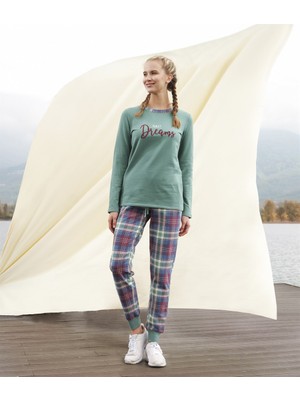 DOREANSE 4193 BAYAN UZUN KOL ALT EKOSE MANŞETLİ YEŞİL PİJAMA TAKIMI