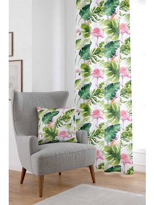 Cango Home Yeşil Pembe Flamingo Yaprak Dijital Baskılı Perde OTYK487-PR