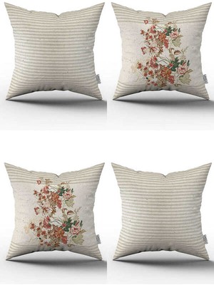 Cango Home Krem Turuncu Çizgili Çiçek Pano Desenli 4lü Dijital Baskılı Kırlent Kılıfı Seti - 4KMBS255