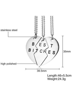 (Gümüş) Paslanmaz Çelik Bölünmüş Kalp 3 Parça Bff Kadınlar Için En Iyi Bitk Kolye 46 + 5.5 cm Zincir