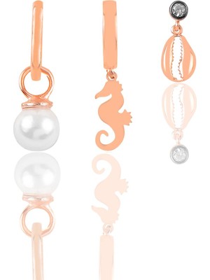 Söğütlü Silver Gümüş Rose Incili Deniz Temalı Kombin Üçlü Küpe Seti