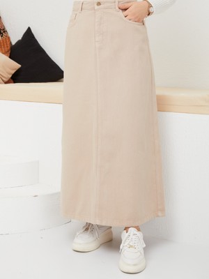 Vellichor Kadın Doğal Kumaşlı Uzun Etek 100% Pamuk Bej Renk 37 cm Bel Ölçüsü