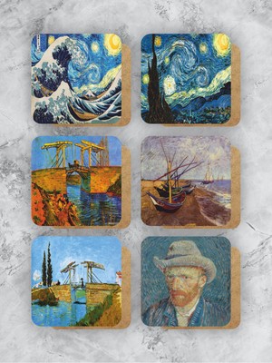  Van Gogh Temalı Ahşap Bardak Altlığı Ahşap Baskılı Altlık 6'lı Set (9 X9CM)