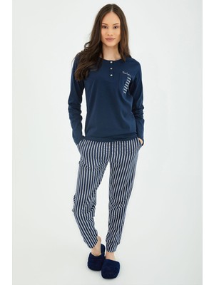 Pierre Cardin Striped Lacivert Kadın Uzun Kol Pijama Takım