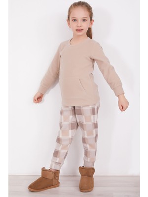 Arnetta Ekoseli Kanguru Cepli Krem Kız Çocuk Uzun Kol Pijama Takım