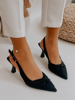 Erva'nın Butiği Siyah Saten Kadın Stiletto Fiyonk Detaylı Orta Topuklu Deri Taban Ayakkabı