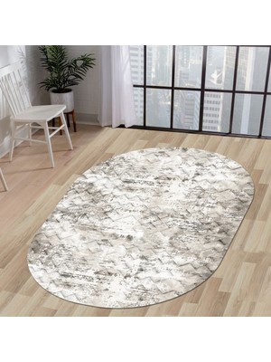 Diji Dekor K1280 Bej Saçaksız Dijital Oval Halı Kaymaz Yıkanabilir Mutfak Antre Salon Halısı 120X180