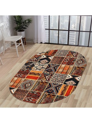 Diji Dekor K1300 Patchwork Saçaksız Dijital Oval Halı Kaymaz Yıkanabilir Mutfak Antre Salon Halısı