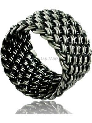 AbbasShop  Tamamen El Işçiliği Ispanyol Hasır Örgü Model Gümüş Erkek Yüzük
