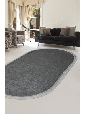 Dijidekor K1290 Antrasit Saçaklı Dijital Oval Halı Kaymaz Yıkanabilir Oda Mutfak Antre Salon Halısı