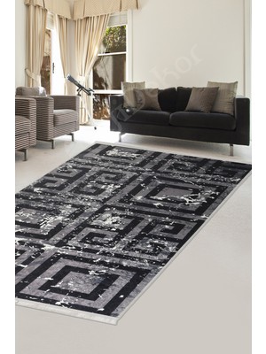 Dijidekor K1320 Siyah Saçaklı Dijital Halı Kaymaz Yıkanabilir Oda Mutfak Koridor Salon Halısı