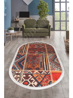 Dijidekor K1300 Patchwork Saçaklı Dijital Oval Halı Kaymaz Yıkanabilir Oda Mutfak Antre Salon Halısı