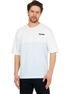 Adams Oversize Beyaz/mavi Erkek Jakarlı Bisiklet Yaka Kısa Kollu T-Shirt