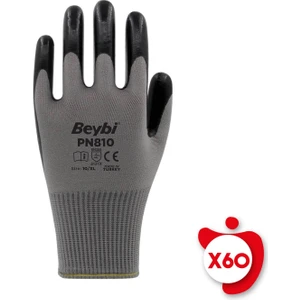 PN810 Gri-Siyah Polyester Örme Nitril Iş Eldiveni 10 Beden 60 Çift