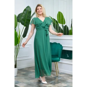 Neşeli Butik Kadın Yeşil Kruvaze Yaka Bağlama Detaylı Uzun Şifon Elbise NB0001