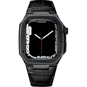 Apple Watch Se 44 mm Uyumlu Modifikasyon Kiti Hublot Tasarım Paslanmaz Çelik Kasa & Deri Kordon