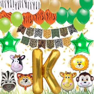 Patladı Gitti Safari Konsepti K Harfli Doğum Günü Parti Kutlama Seti; Harf ve Yıldız Folyo, Banner ve Balon Zinciri