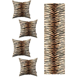 Cango Home Kahverengi Siyah Zebra Desenli 4lü Kırlent Kılıfı 1 Runner Seti 4KMBS207-RS