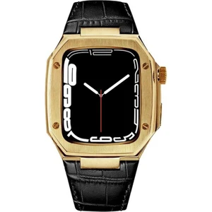 Apple Watch Se 44 mm Uyumlu Modifikasyon Kiti Hublot Tasarım Paslanmaz Çelik Kasa & Deri Kordon