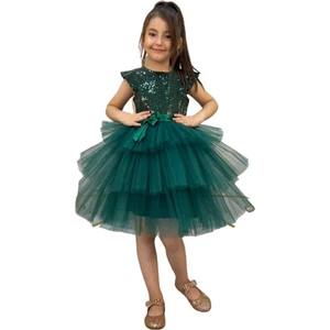 Kız Çocuk Abiye Pulpayet Işlemeli Katkat Yeşil Karpuz Kol Şık Tasarım