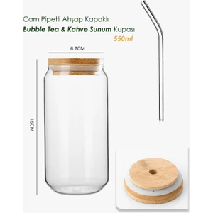 Isıya Dayanıklı Pipetli Ahşap Kapaklı Bubble Tea ve Borosilikat  Kahve  Bardağı 550ML