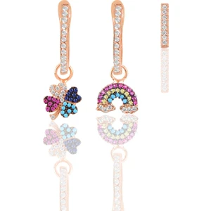 Söğütlü Silver Gümüş Rose Zirkon Taşlı Yonca, Gök Kuşağı Kombin Üçlü Küpe Seti