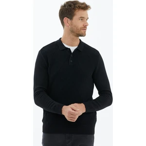 Polo Yaka Düğmeli Triko Kazak - Siyah