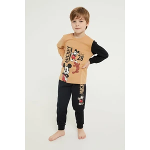 Mickey Mouse Lisanslı Bej Erkek Çocuk Uzun Kol Pijama Takım