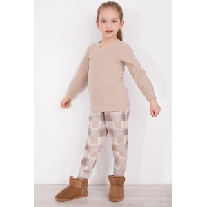 Ekoseli Kanguru Cepli Kahverengi Kız Çocuk Uzun Kol Pijama Takım