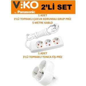 Beyaz Set Multi-Let 3'lü Topraklı Çocuk Korumalı Grup Priz 5 Metre Kablo & 3'lü Yonca Fiş-Priz