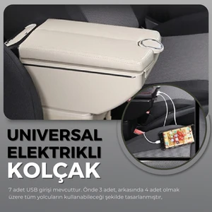 Oto Kolçak Kol Dayama Çift Açılır 7 USB Girişli Tüm Araçlara Uyumlu Kolçak Bej