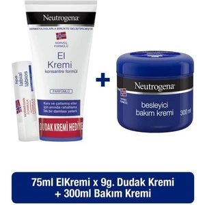 Norveç Formülü Besleyici Bakım Kremi 300 ml + Parfümlü El Kremi 75 ml + Dudak Kremi