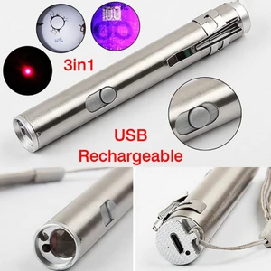 Yeni 3'ü 1 Arada Mini USB Şarj Edilebilir LED Lazer Uv Kalem El Feneri Çok Işlevli Lamba (Yurt Dışından)