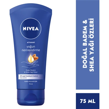 NIVEA Yoğun Nemlendirici El  Kremi 75ml; Doğal Badem Yağı ve Shea Yağı Özleri; 24 Saat Besleyici