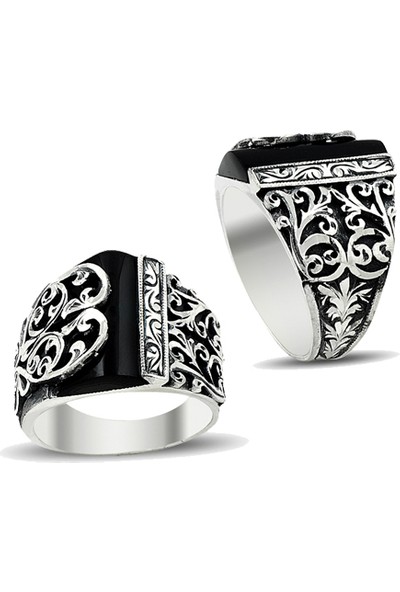 AbbasShop Siyah Taşlı Asimetrik Tasarım El Işi Gümüş Erkek Yüzüğü
