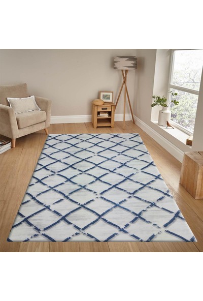 Balat Halı Raschel Carpet Geometrik Mavi Uzun Tüylü Peluş Kaymaz Taban Halı RC602