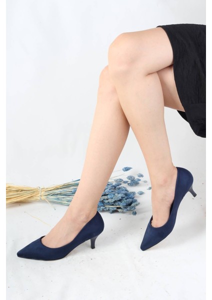 Lacivert Süet Ince Kısa Topuklu Stiletto Kadın Ayakkabı - Candy
