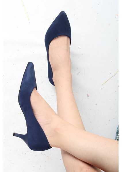 Lacivert Süet Ince Kısa Topuklu Stiletto Kadın Ayakkabı - Candy fiyatları