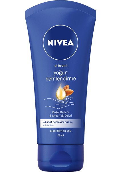 NIVEA Yoğun Nemlendirici El  Kremi 75ml; Doğal Badem Yağı ve Shea Yağı Özleri; 24 Saat Besleyici Bakım; Yoğun Nemlendirme; Kuru Ciltler İçin