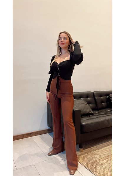 Kadın Yüksek Bel Ispanyol Paça Kumaş Pantolon-Kahverengi