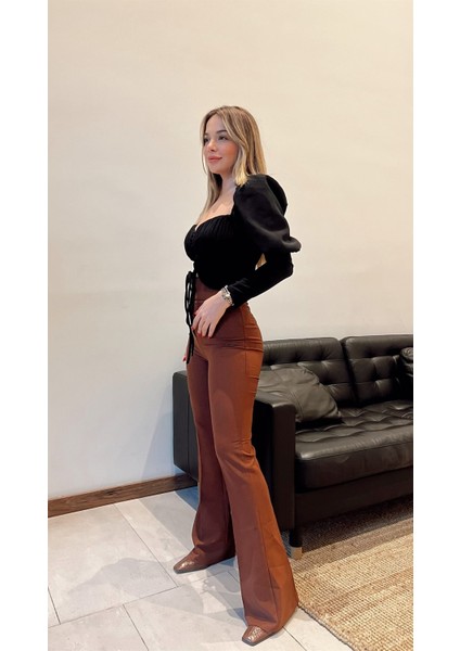 Kadın Yüksek Bel Ispanyol Paça Kumaş Pantolon-Kahverengi