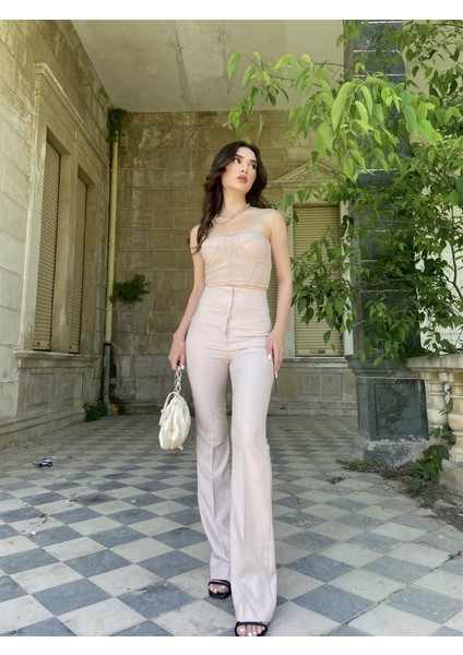 Kadın Yüksek Bel Ispanyol Paça Kumaş PANTOLON-BEJ(1524) fiyatları