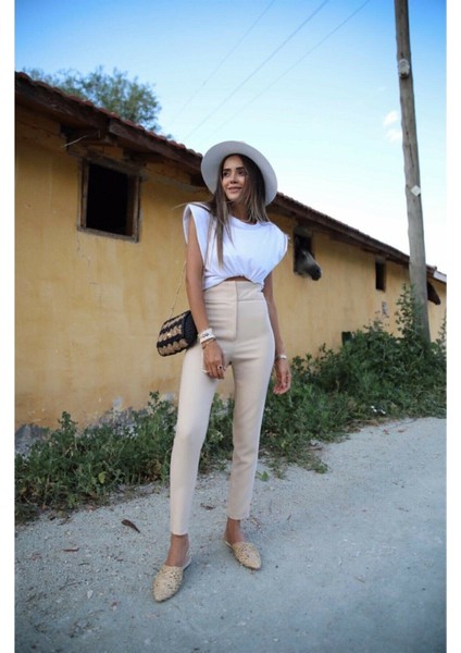 Kadın Yüksek Bel Dar Paça Kumaş Pantolon-Bej