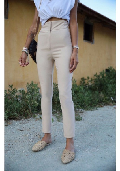 Kadın Yüksek Bel Dar Paça Kumaş Pantolon-Bej modelleri