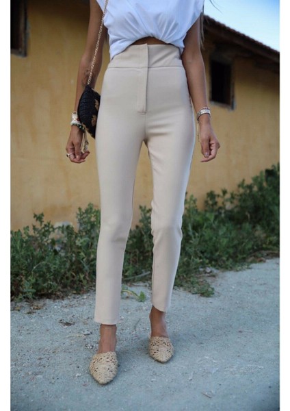 Kadın Yüksek Bel Dar Paça Kumaş Pantolon-Bej fırsatları