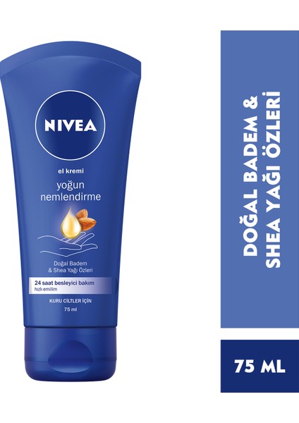 NIVEA Yoğun Nemlendirici El  Kremi 75ml; Doğal Badem Yağı ve Shea Yağı Özleri; 24 Saat Besleyici Bakım; Yoğun Nemlendirme; Kuru Ciltler İçin