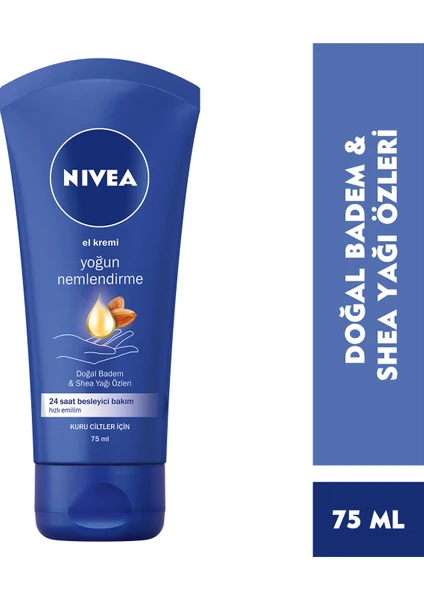 NIVEA Yoğun Nemlendirici El  Kremi 75ml; Doğal Badem Yağı ve Shea Yağı Özleri; 24 Saat Besleyici Bakım; Yoğun Nemlendirme; Kuru Ciltler İçin