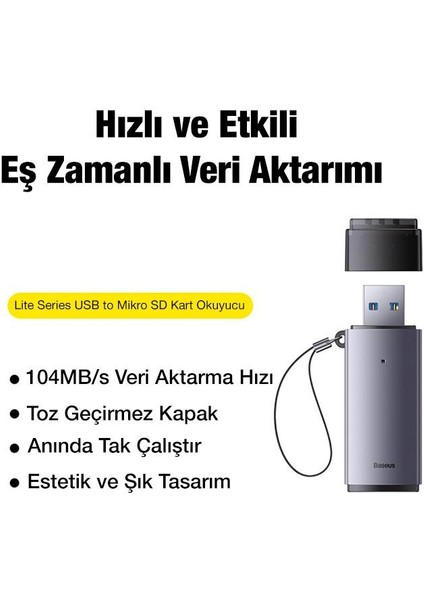 Baseus USB To Sd-Micro Sd Hafıza Kart Okuyucu Adaptör USB 3.0 LED Işıklı Card Reader