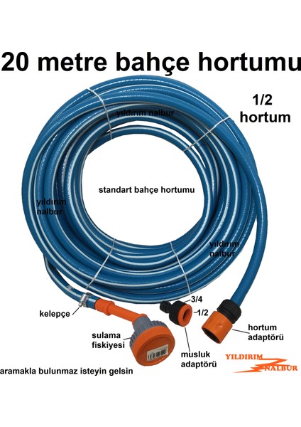 Yıldırım Nalbur 20 Metre Bahçe Fiskiye ve Afaptör Set Hortumu 1/2 Kalın Sulama Hortumu Ev Tipi Hortum